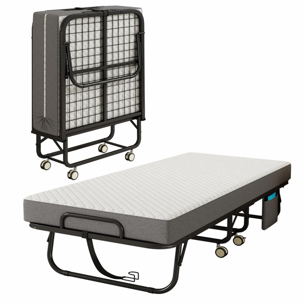 Folding Bed with Mattress, 75" x 31" Portable Rollaway Bed, Metal Frame Guest Bed with Memory Foam Mattress N4144
