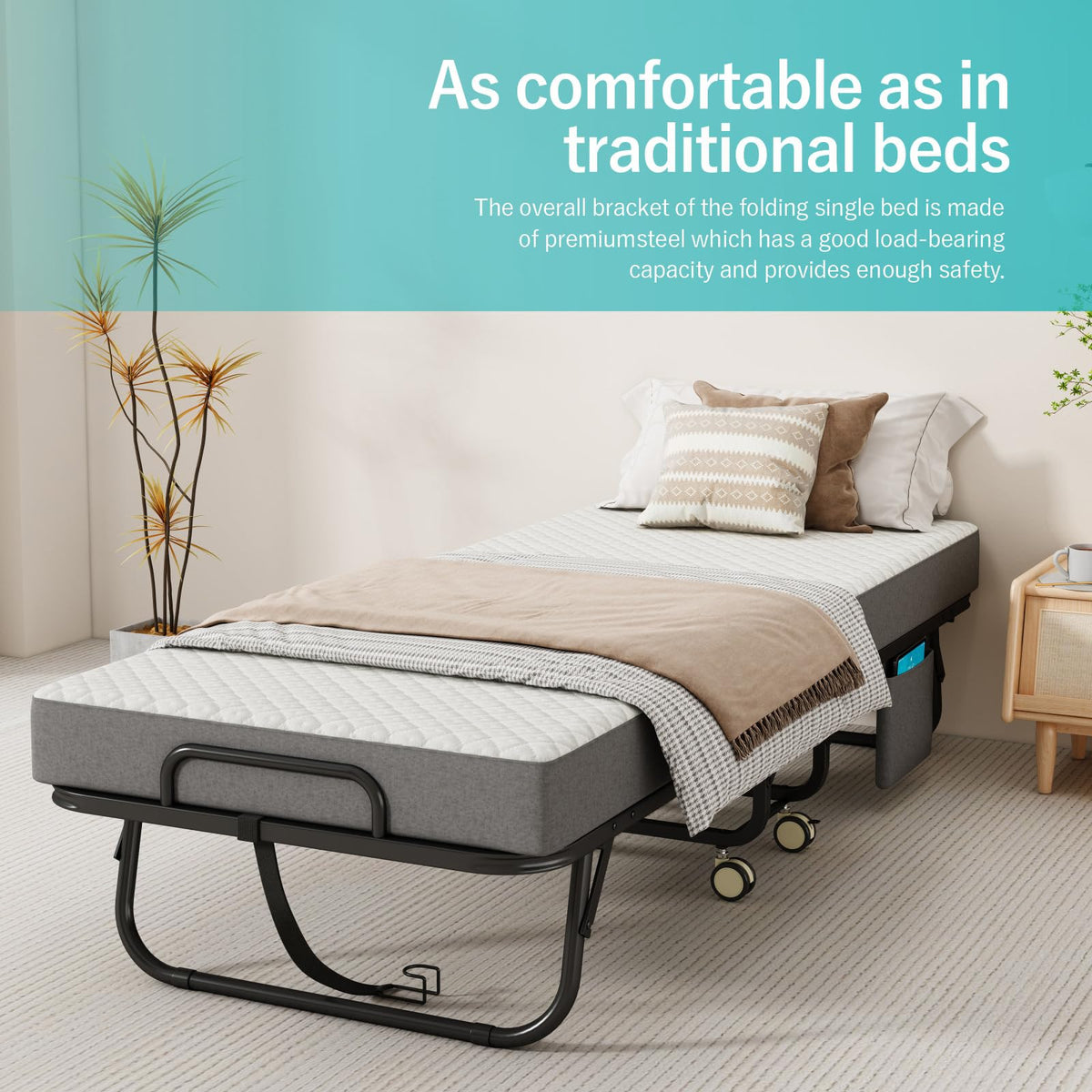 Folding Bed with Mattress, 75" x 31" Portable Rollaway Bed, Metal Frame Guest Bed with Memory Foam Mattress N4144