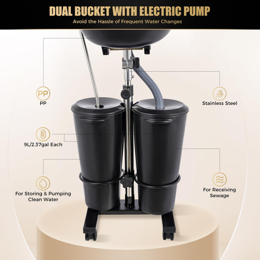 Portable Height and Angle Adjustable Shampoo Basin with 2 Water Buckets and 4 Wheels J623219