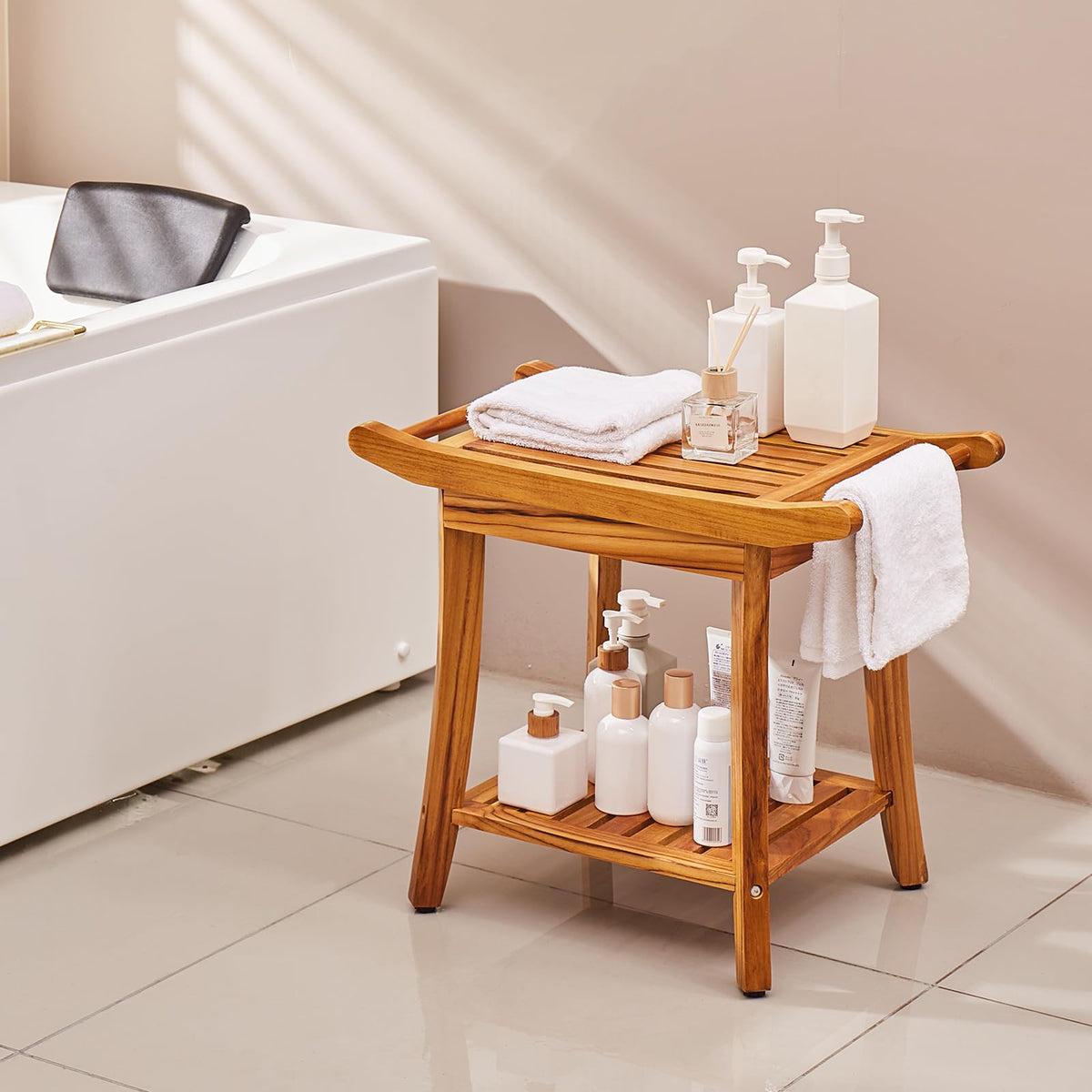 Teak Shower Bench with Storage Shelf N214542