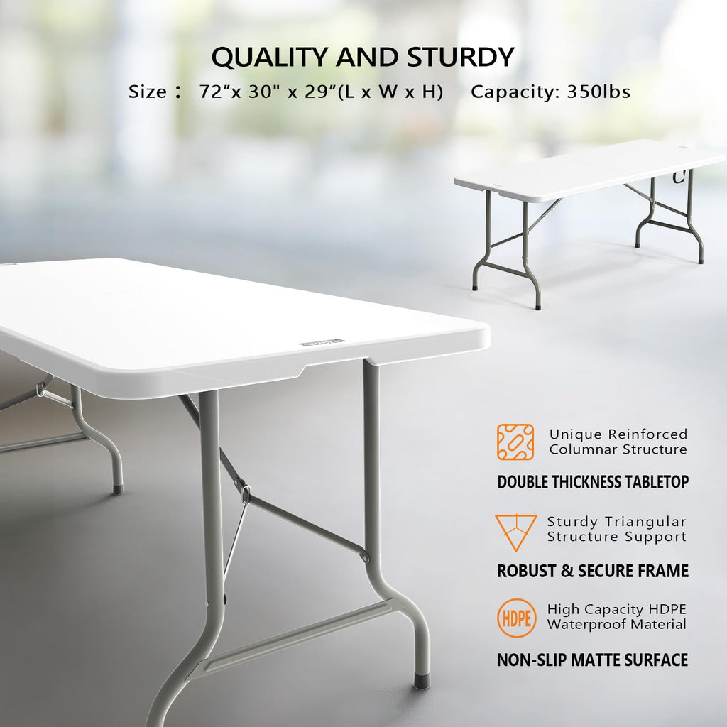 6 Foot White Plastic Folding Table with Carrying Handle J305340