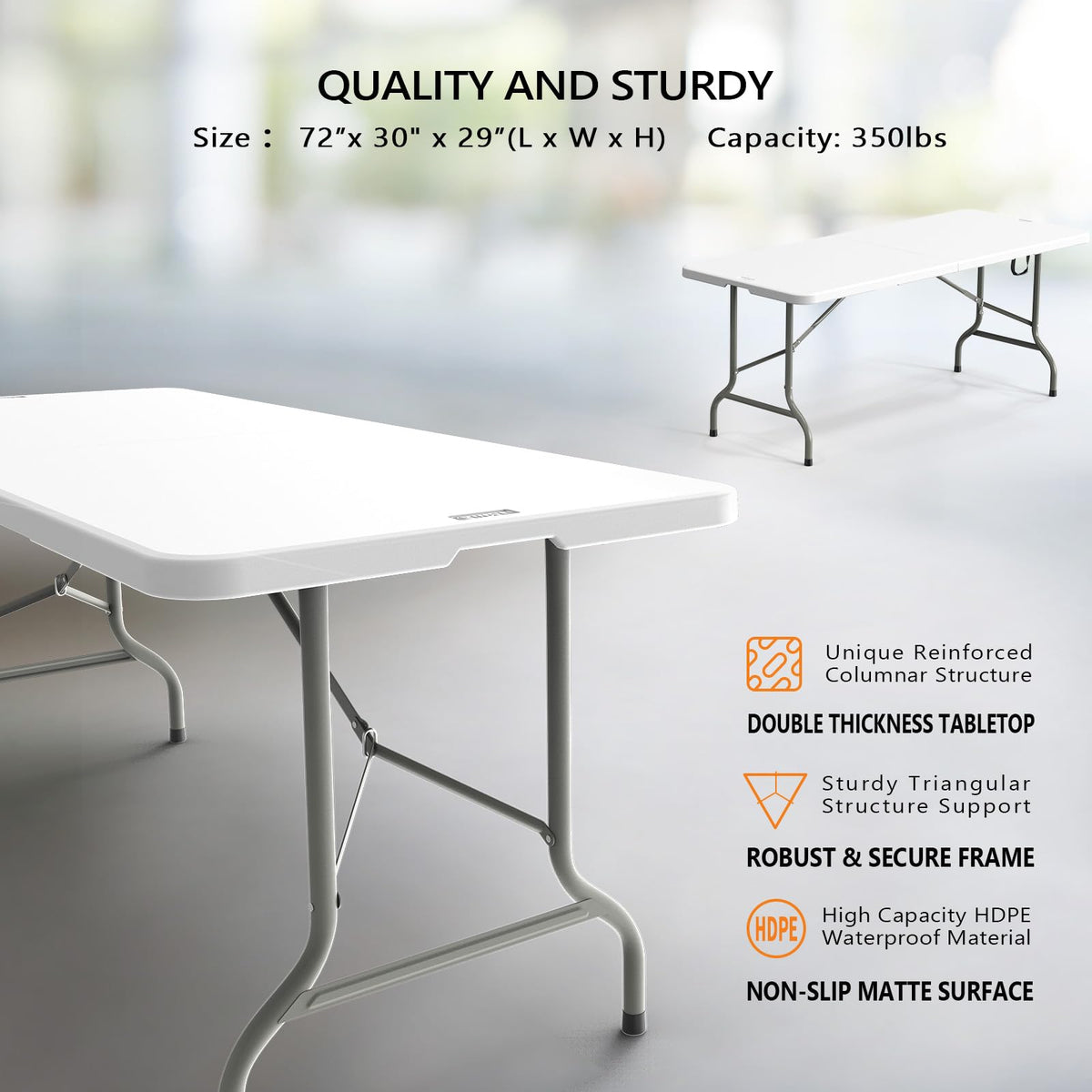 6 Foot White Plastic Folding Table with Carrying Handle J305340