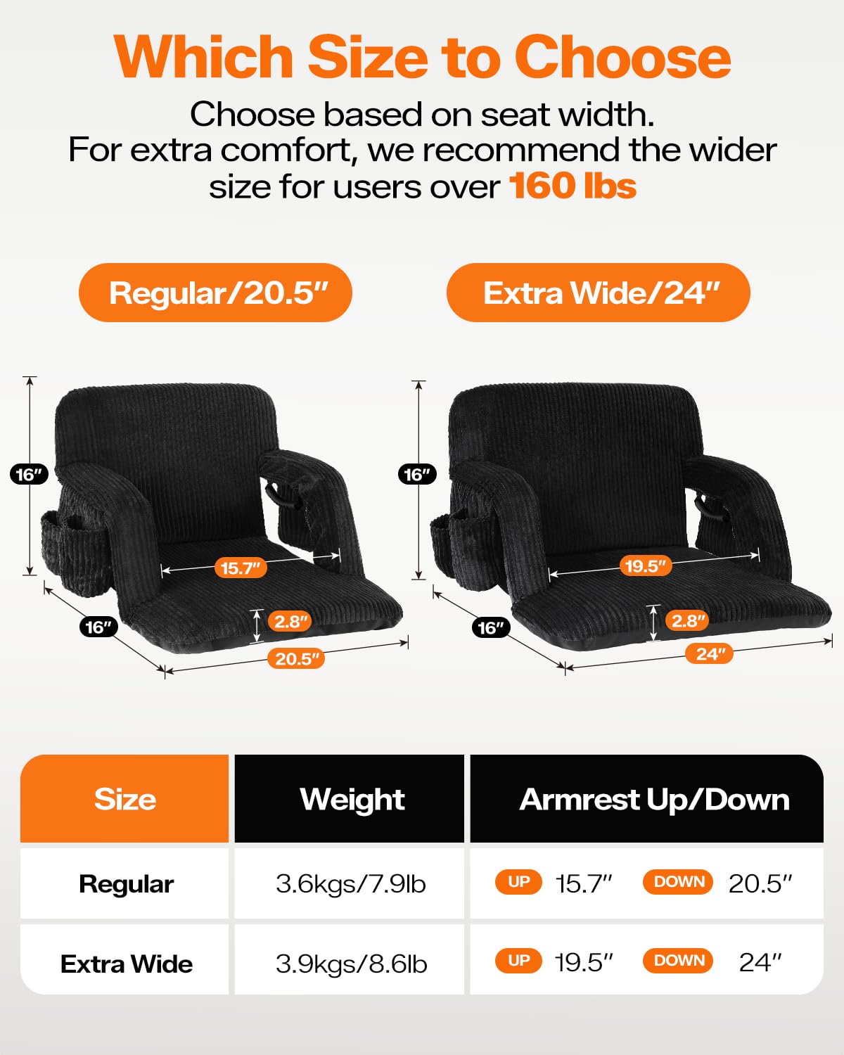 24'' Extra Wide Padded Corduroy Stadium Seats with Back Support, 2 Packs J928