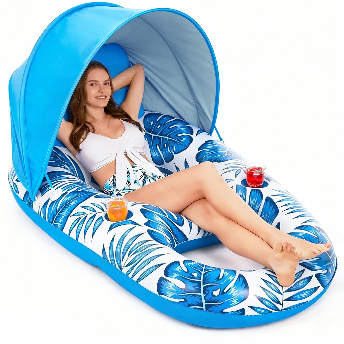 Inflatable Pool Float Lounger with Canopy and Cup Holders Q114