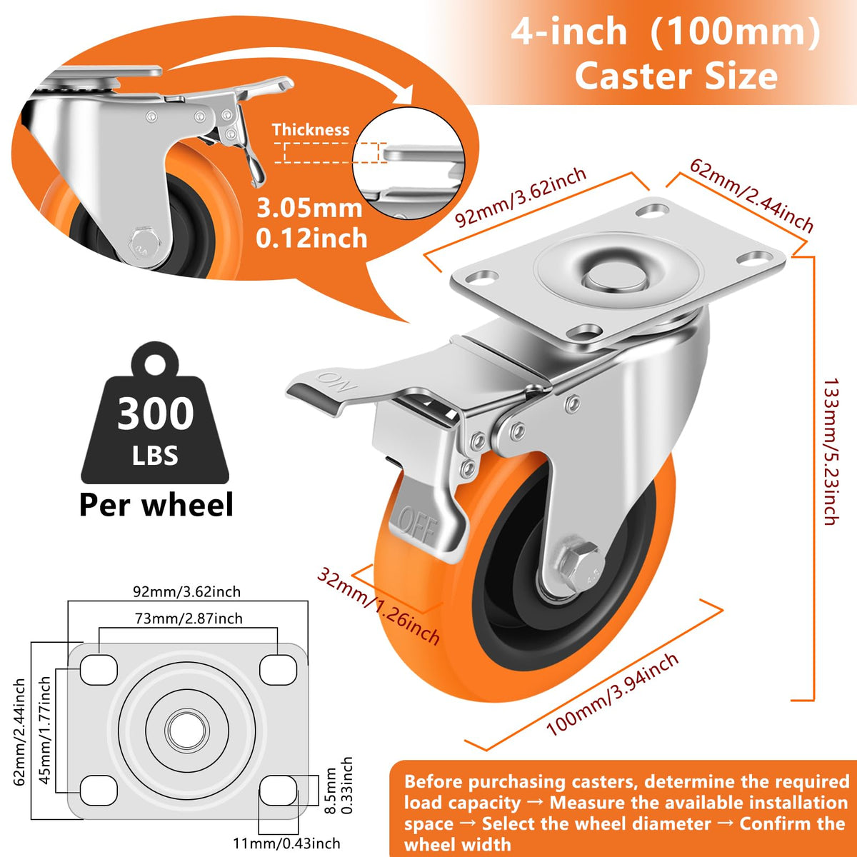 4" Heavy Duty Swivel Caster Wheels Set of 4 with Dual Locking H1390