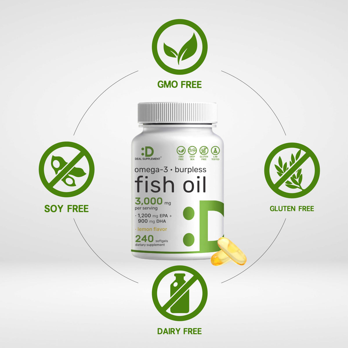 Omega 3 Fish Oil 3,000mg 240 Softgels EPA DHA Lemon Flavored Z14970