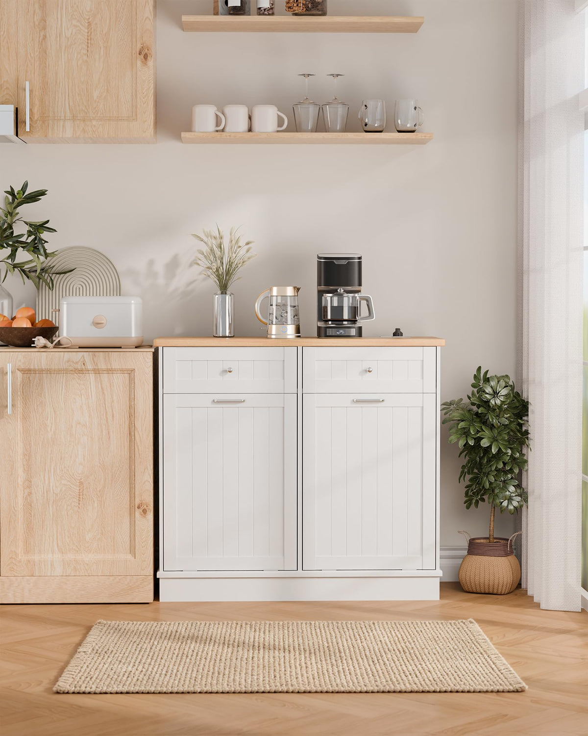 White Wooden Tilt Out Trash Cabinet with 2 Drawers M911278