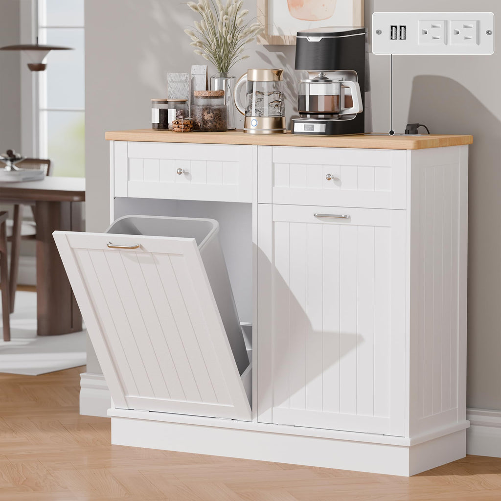 White Wooden Tilt Out Trash Cabinet with 2 Drawers M911278