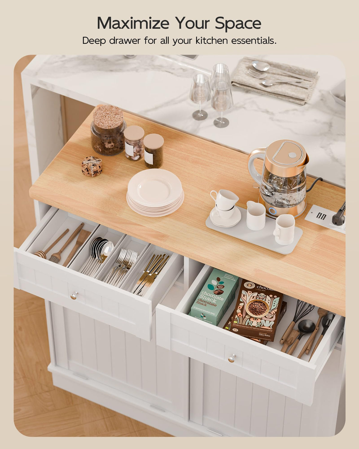 White Wooden Tilt Out Trash Cabinet with 2 Drawers M911278