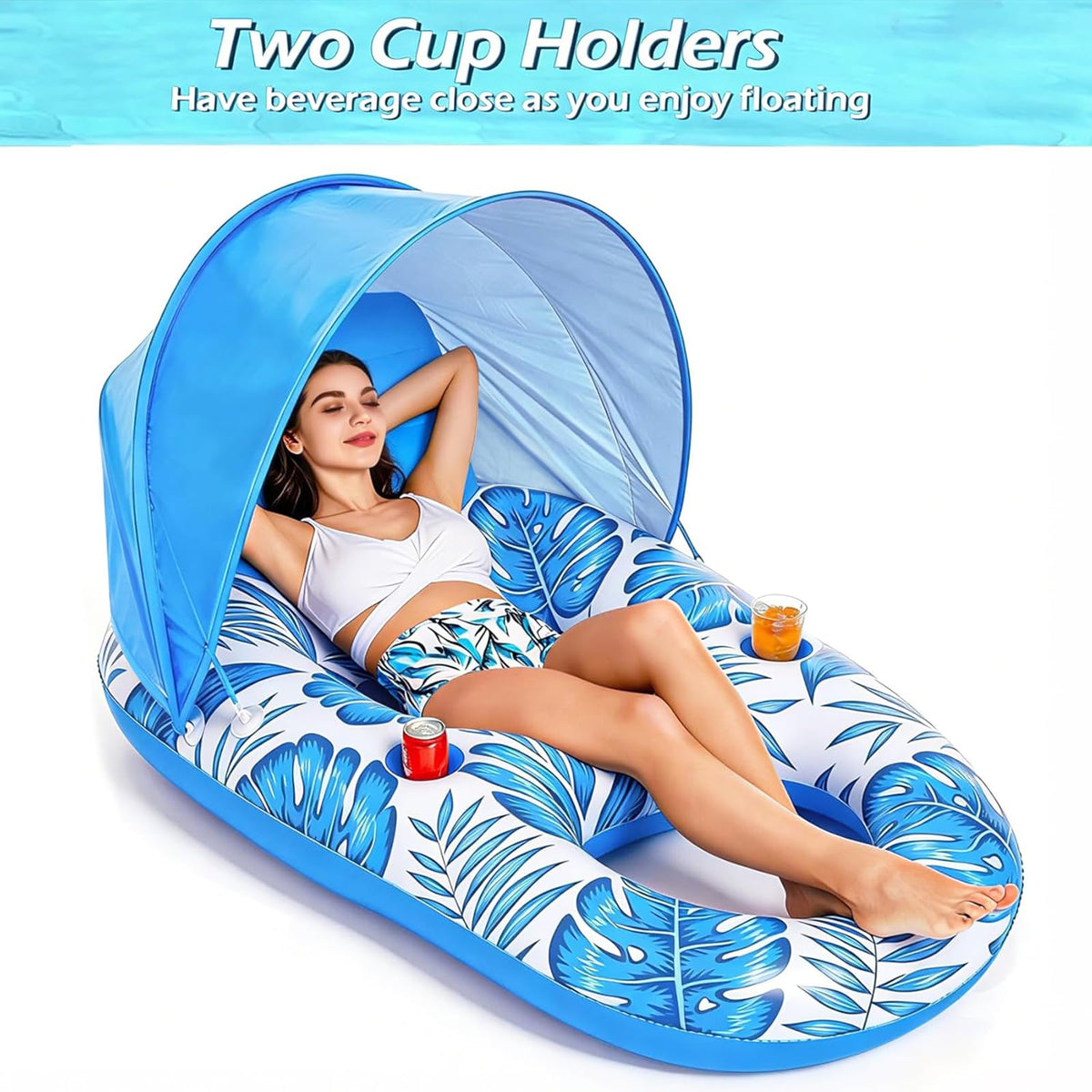 Inflatable Pool Float Lounger with Canopy and Cup Holders Q114