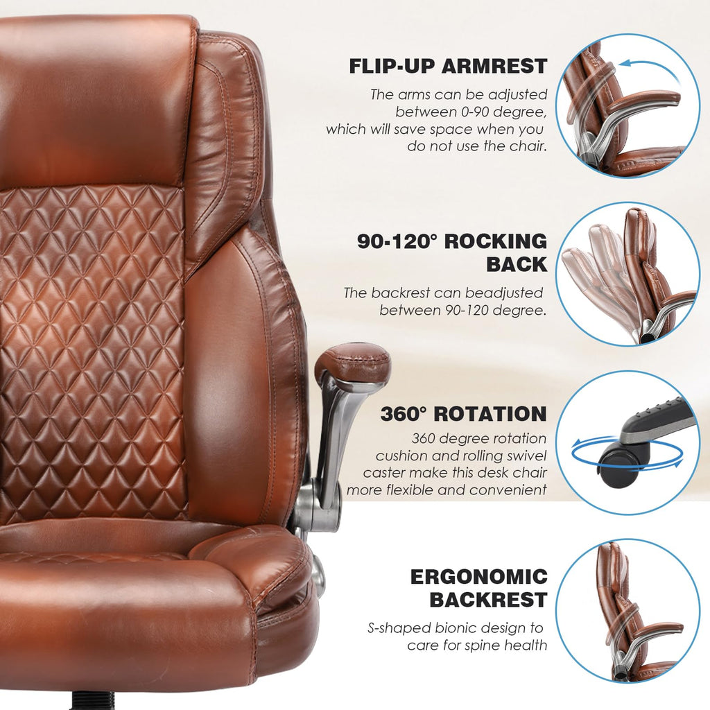 Brown Leather Executive Office Chair with Flip up Arms L82426