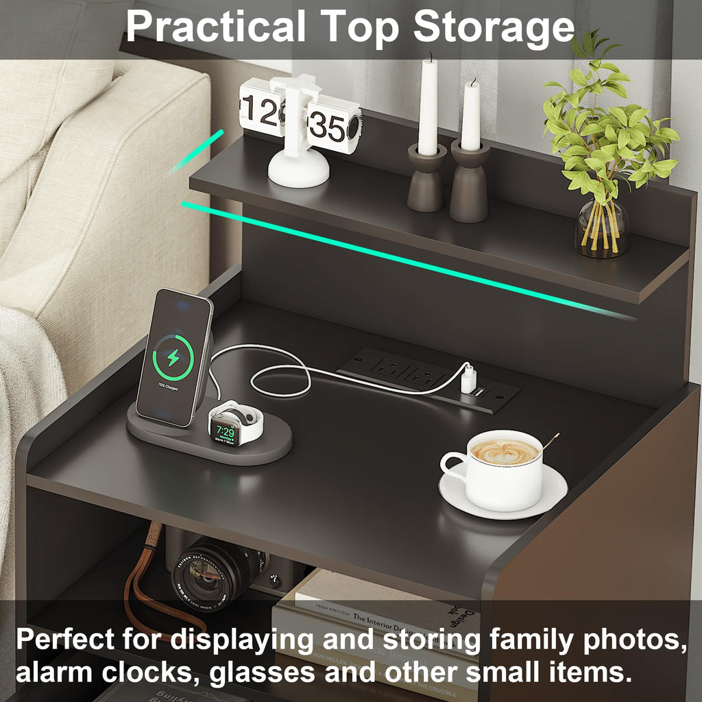 Black LED Nightstand with Charging Station and 2 Drawers G591563