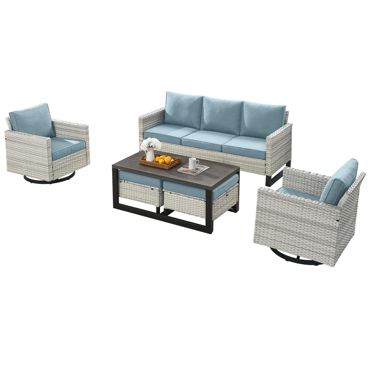 6 Piece Wicker Patio Conversation Set with Swivel Rocker Chairs and Ottoman Q88835