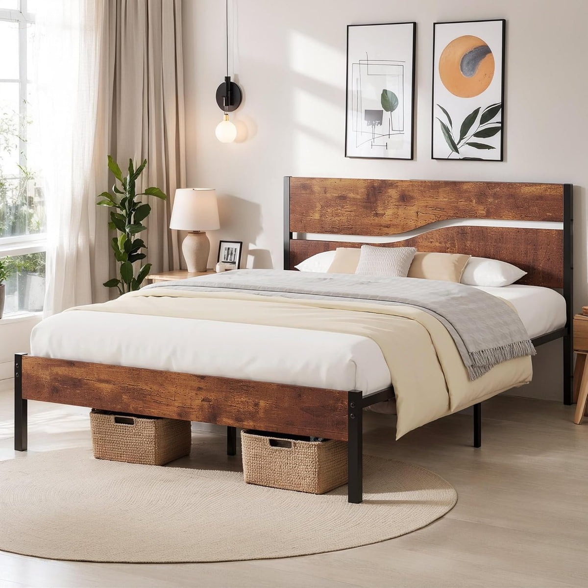 Full Size Metal Platform Bed with Wooden Headboard and Footboard X82872
