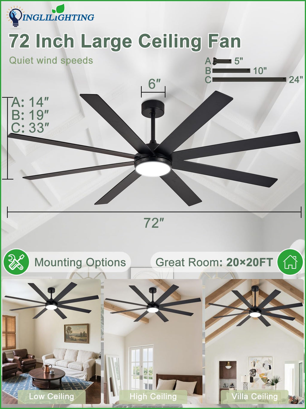 Black 72in Ceiling Fan with Lights K800570