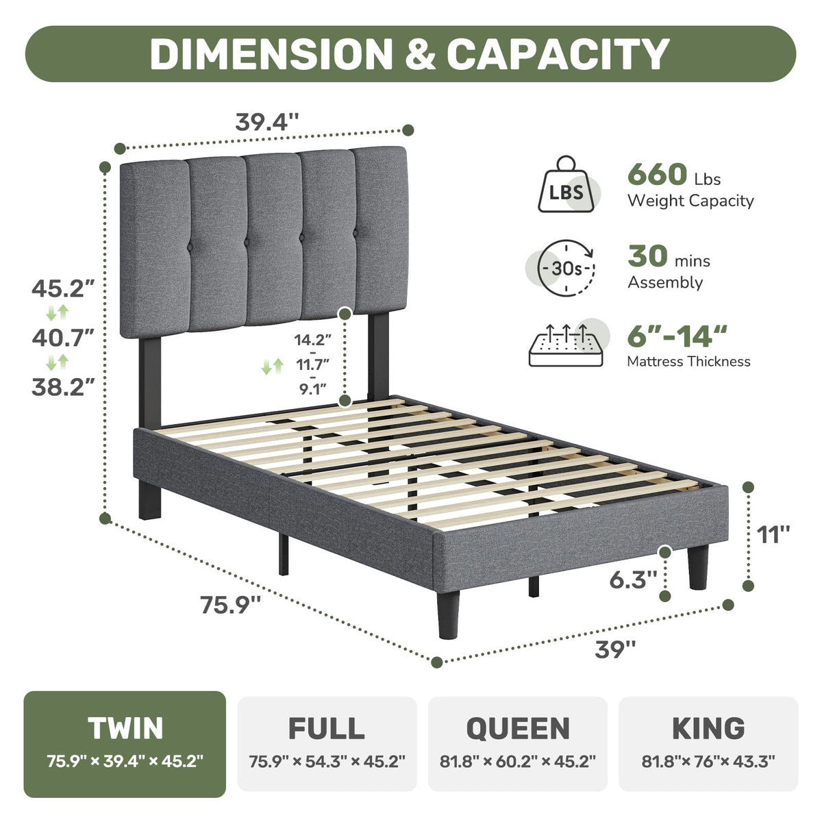 Twin Upholstered Platform Bed Frame with Headboard, Grey H656652