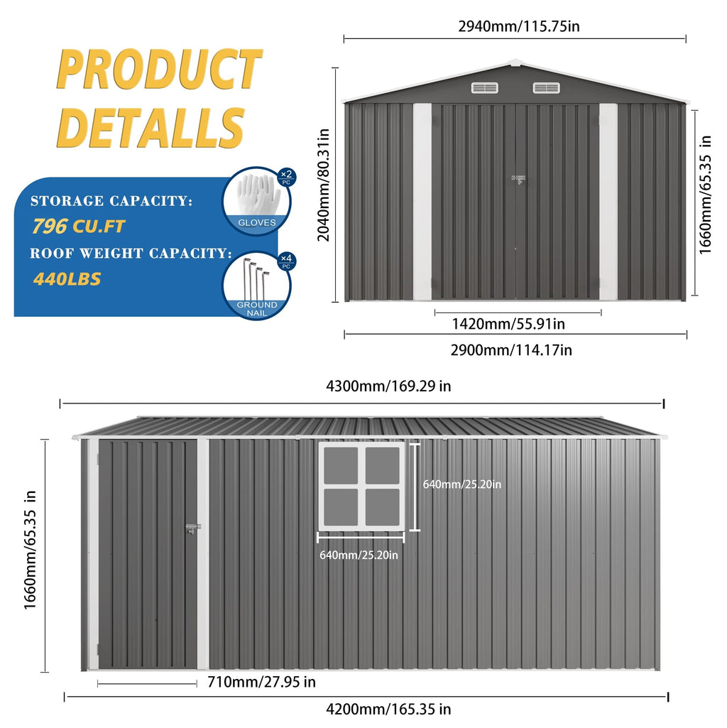 10x14x6.7FT Galvanized Steel Outdoor Storage Shed with Lockable Door & Window F23066