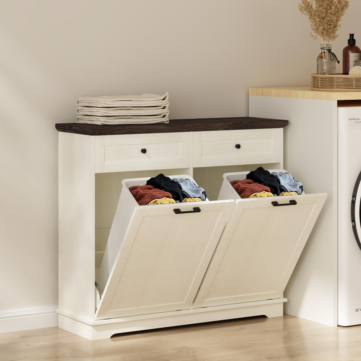 20 Gallon Double Tilt Out Wood Trash Can Cabinet with Drawer F71644