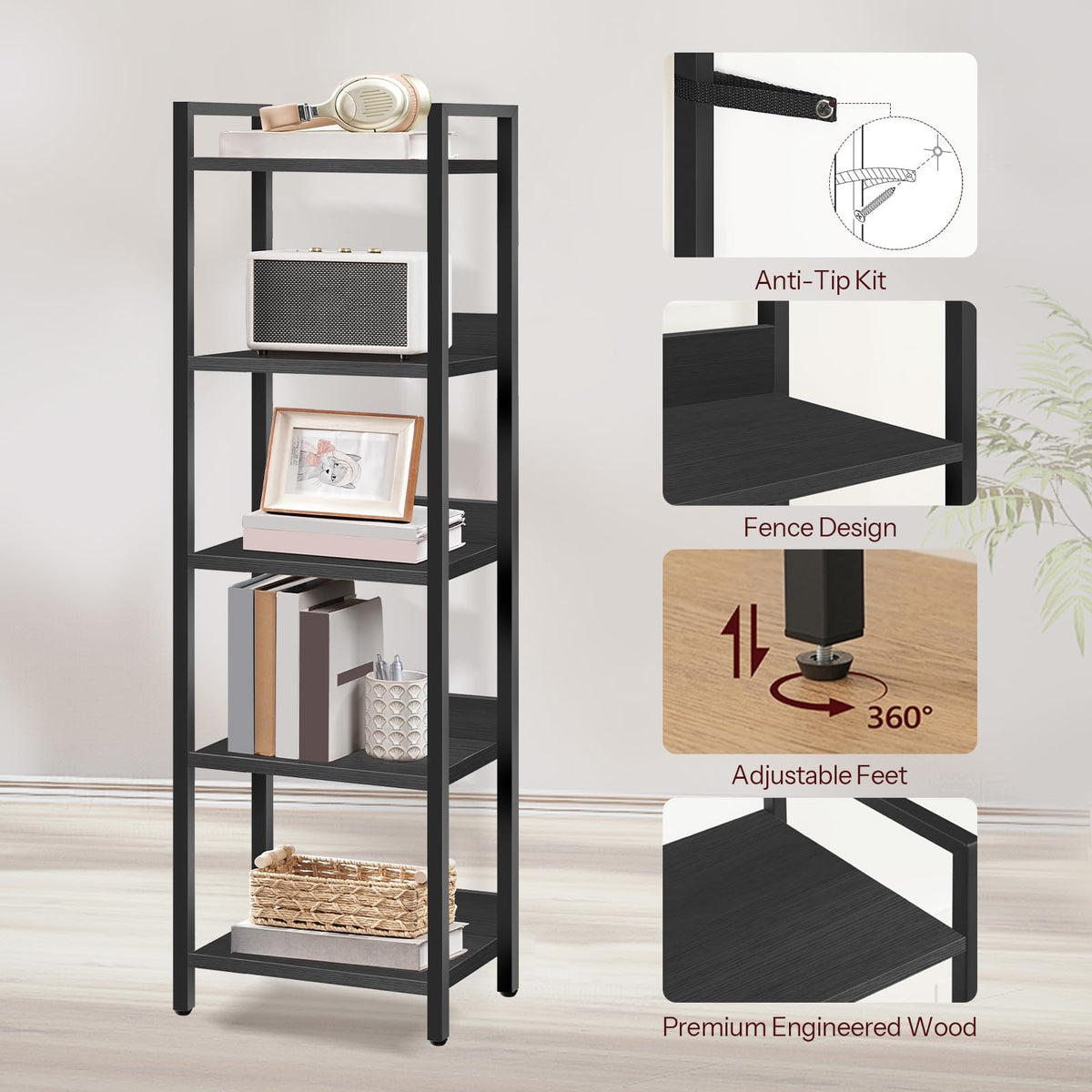 5-Tier Black Bookshelf H261636