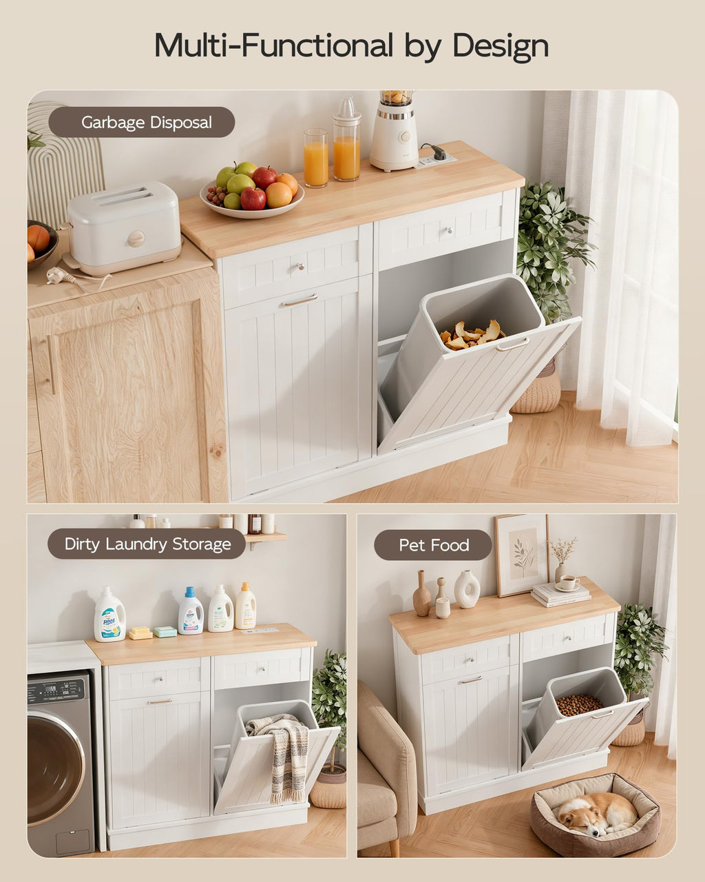 White Wooden Tilt Out Trash Cabinet with 2 Drawers M911278
