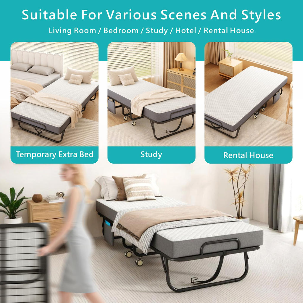 Folding Bed with Mattress, 75" x 31" Portable Rollaway Bed, Metal Frame Guest Bed with Memory Foam Mattress N4144