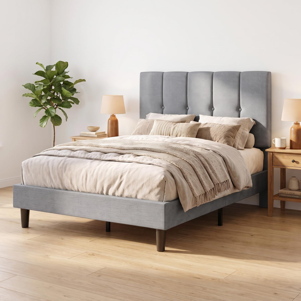 Twin Upholstered Platform Bed Frame with Headboard, Grey H656652