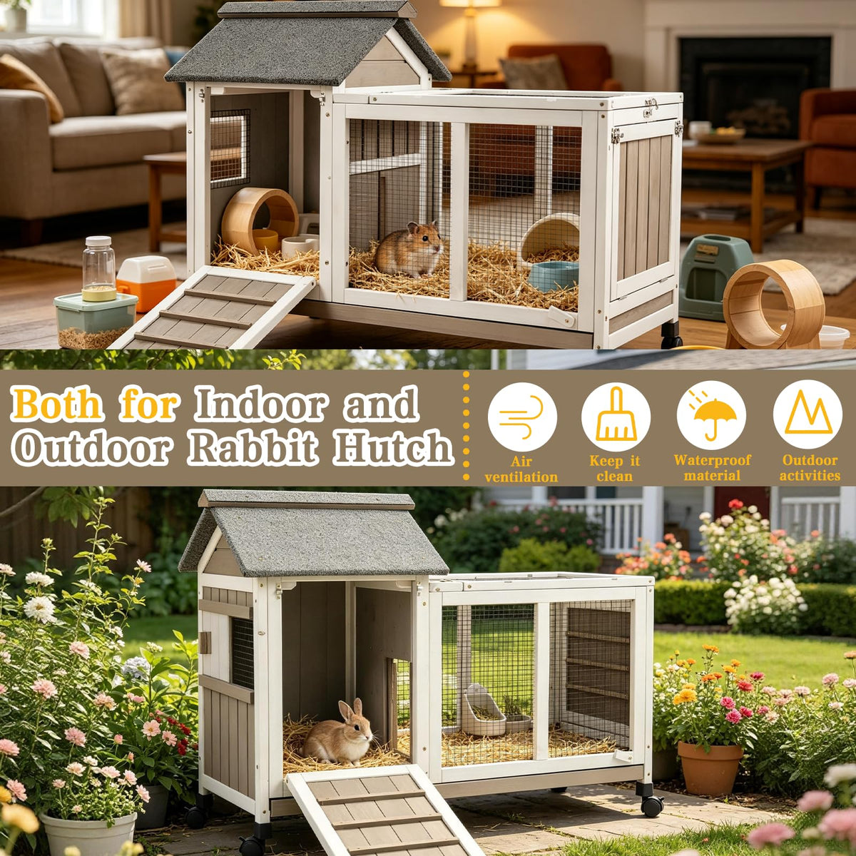 Outdoor Rabbit Hutch 2-Story Bunny Cage with Run F8584