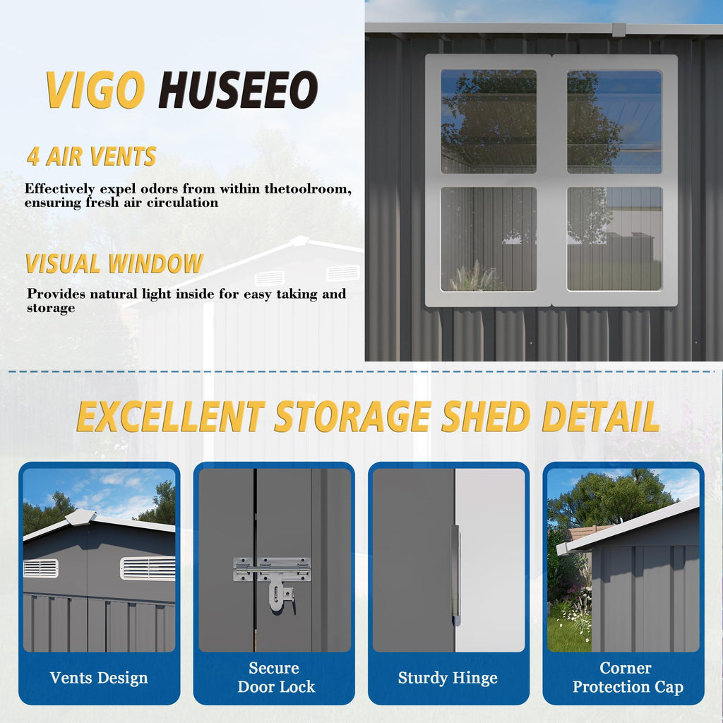 10x14x6.7FT Galvanized Steel Outdoor Storage Shed with Lockable Door & Window F23066