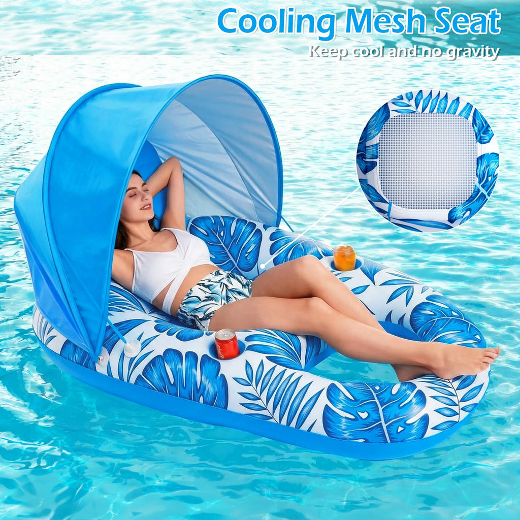 Inflatable Pool Float Lounger with Canopy and Cup Holders Q114