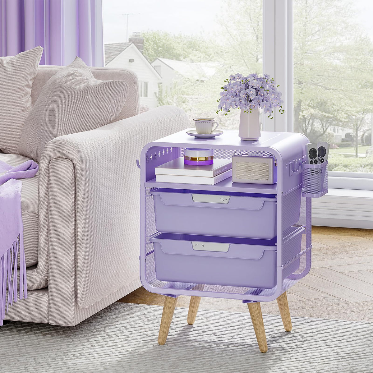 Kids Nightstand, Girls Bedside Table, Night Side Table, Purple L38313