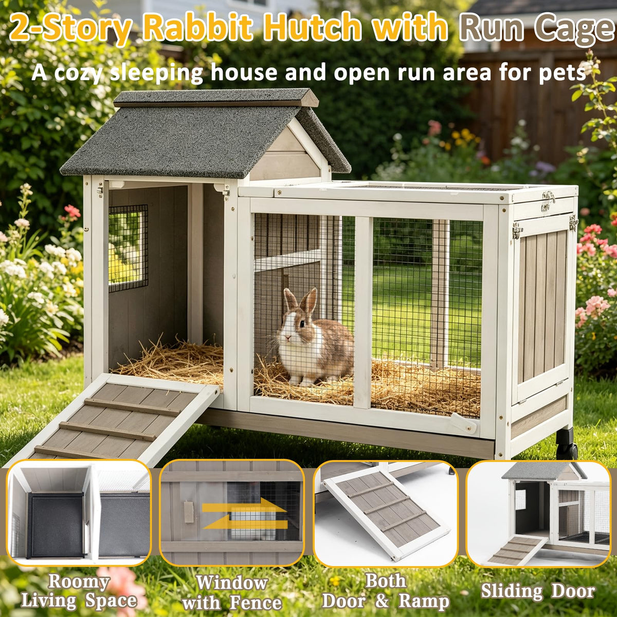 Outdoor Rabbit Hutch 2-Story Bunny Cage with Run F8584
