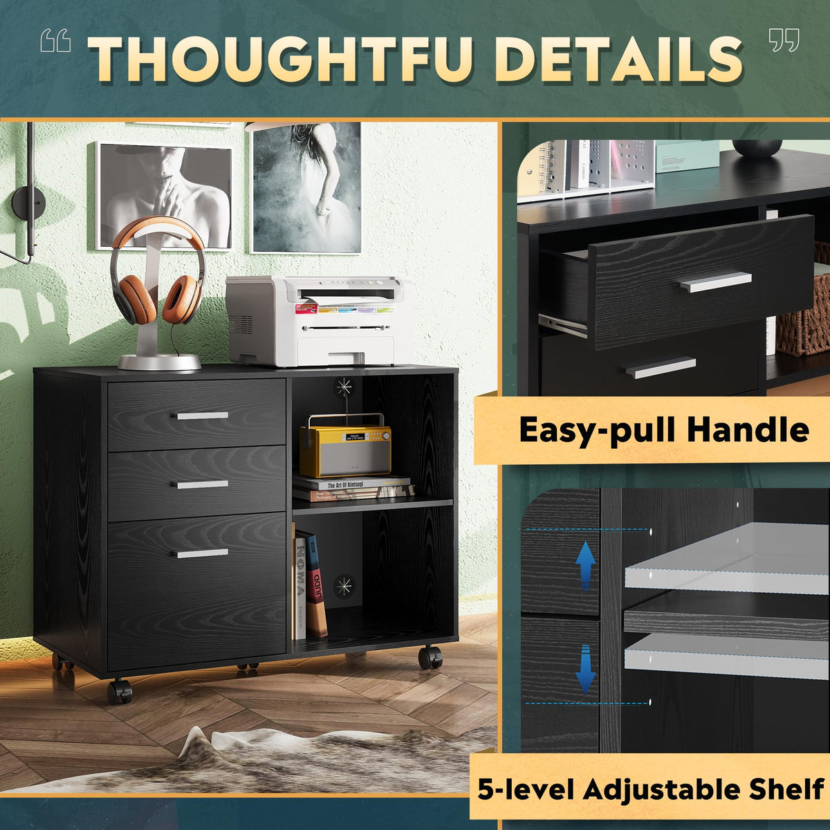Wood 3 Drawer Black File Cabinet H345