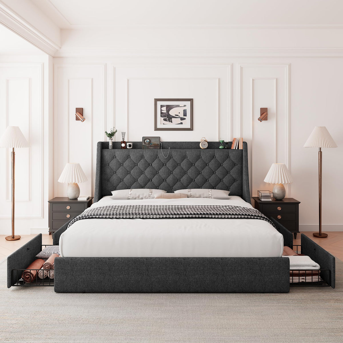 Queen Bed Frame with 4 Storage Drawers Upholstered Dark Grey O5617