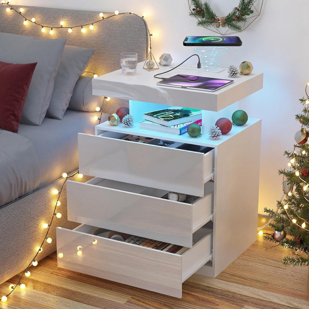 White 3 Drawer Nightstand with Wireless Charging Station E65833
