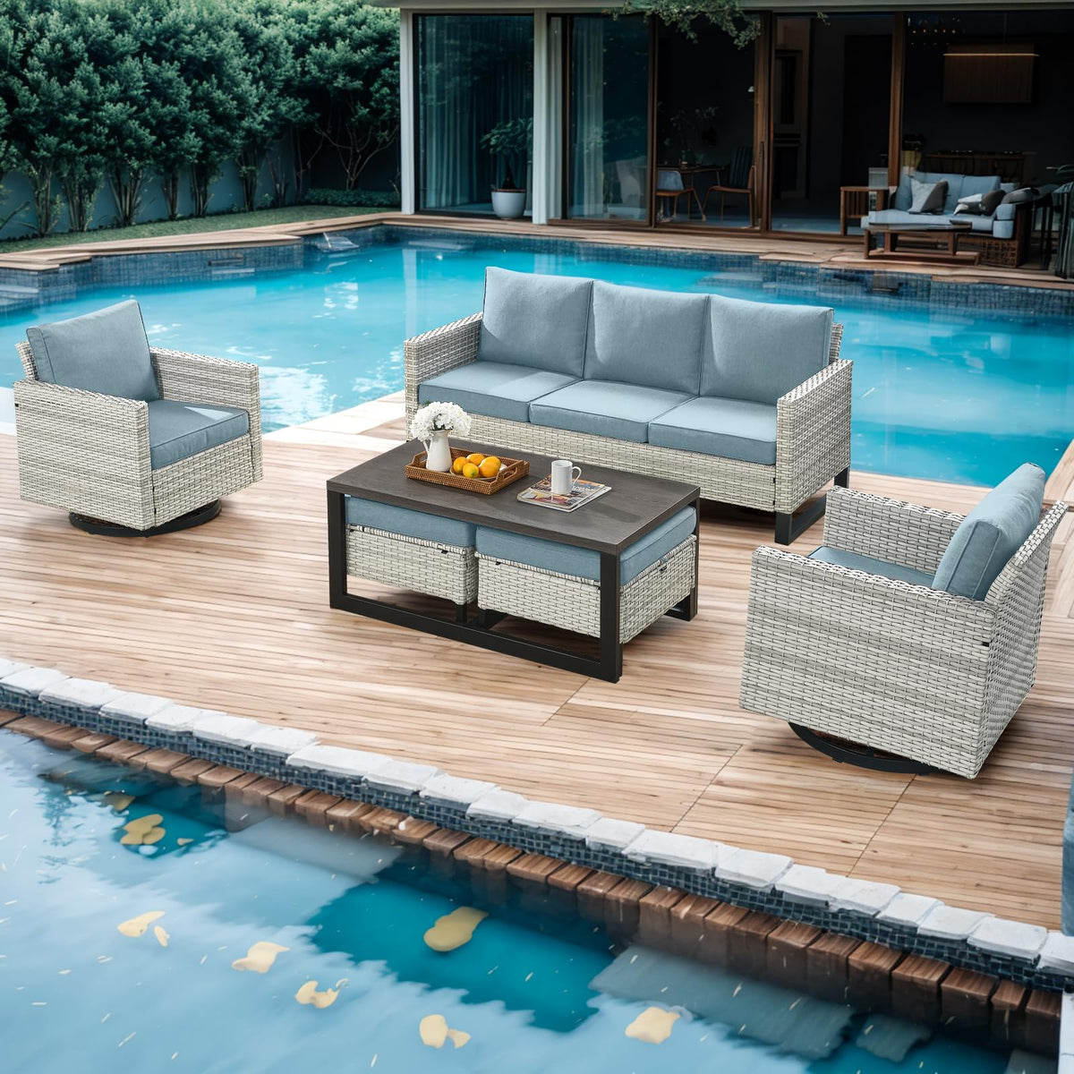 6 Piece Wicker Patio Conversation Set with Swivel Rocker Chairs and Ottoman Q88835