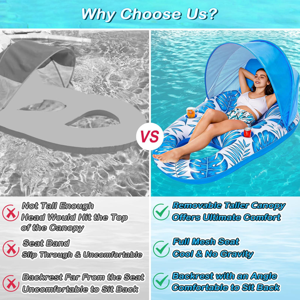 Inflatable Pool Float Lounger with Canopy and Cup Holders Q114