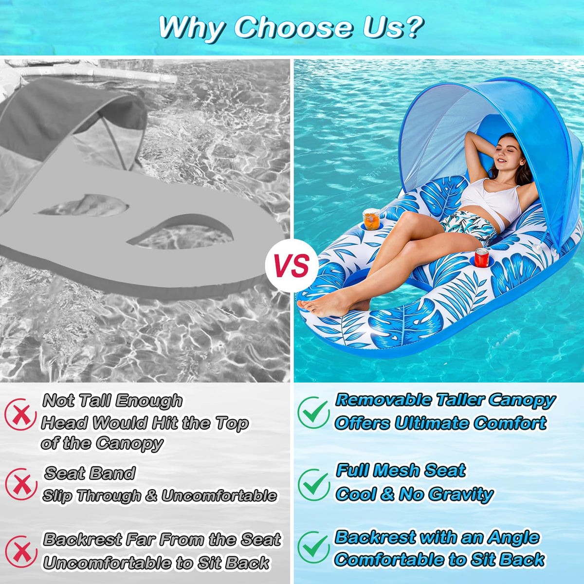 Inflatable Pool Float Lounger with Canopy and Cup Holders Q114