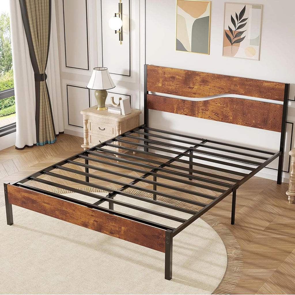 Full Size Metal Platform Bed with Wooden Headboard and Footboard X82872