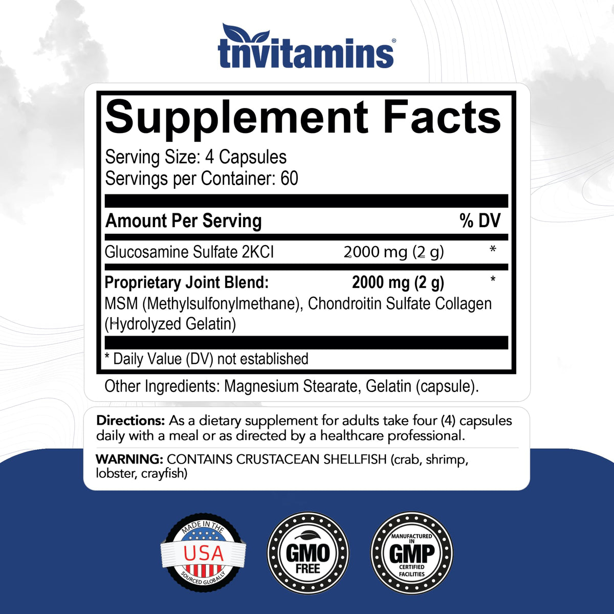 Glucosamine Chondroitin MSM 240 Capsules 4,000 mg Joint Support Supplement O1482