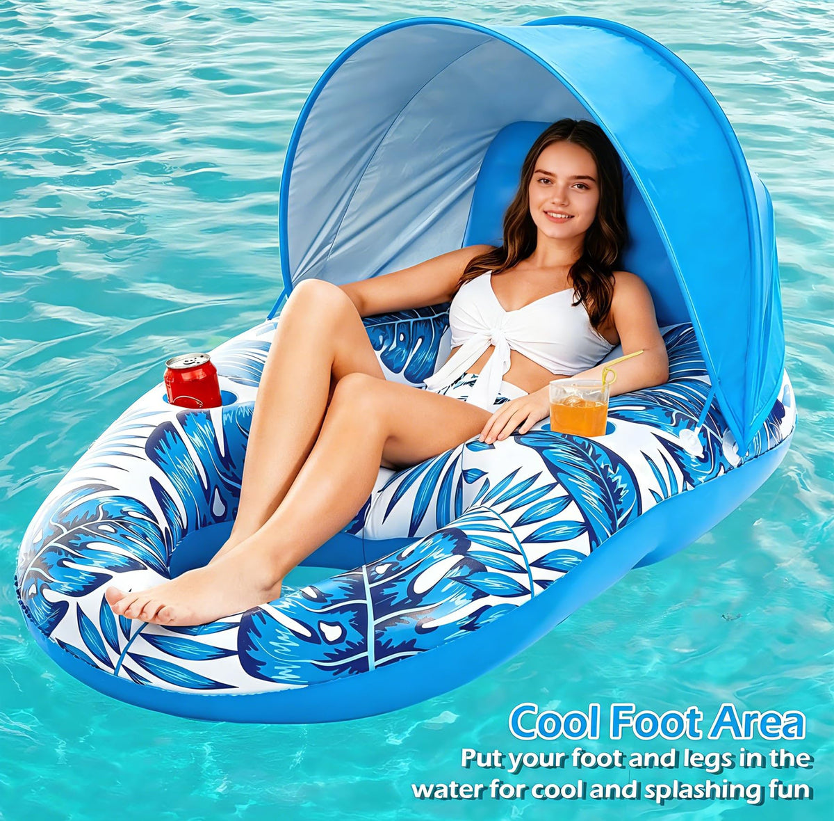 Inflatable Pool Float Lounger with Canopy and Cup Holders Q114
