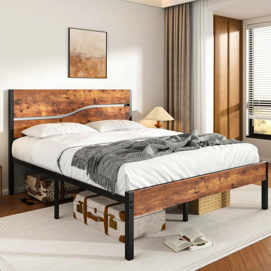 Full Size Metal Platform Bed with Wooden Headboard and Footboard X82872
