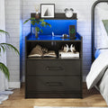 Black LED Nightstand with Charging Station and 2 Drawers G591563