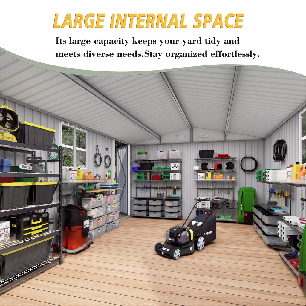 10x14x6.7FT Galvanized Steel Outdoor Storage Shed with Lockable Door & Window F23066