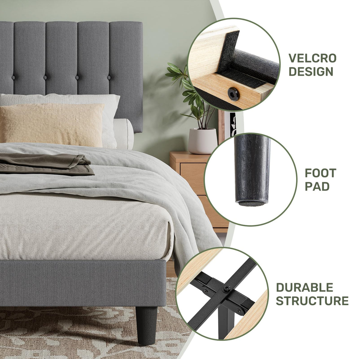 Twin Upholstered Platform Bed Frame with Headboard, Grey H656652