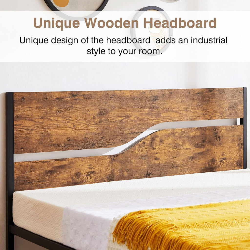 Full Size Metal Platform Bed with Wooden Headboard and Footboard X82872