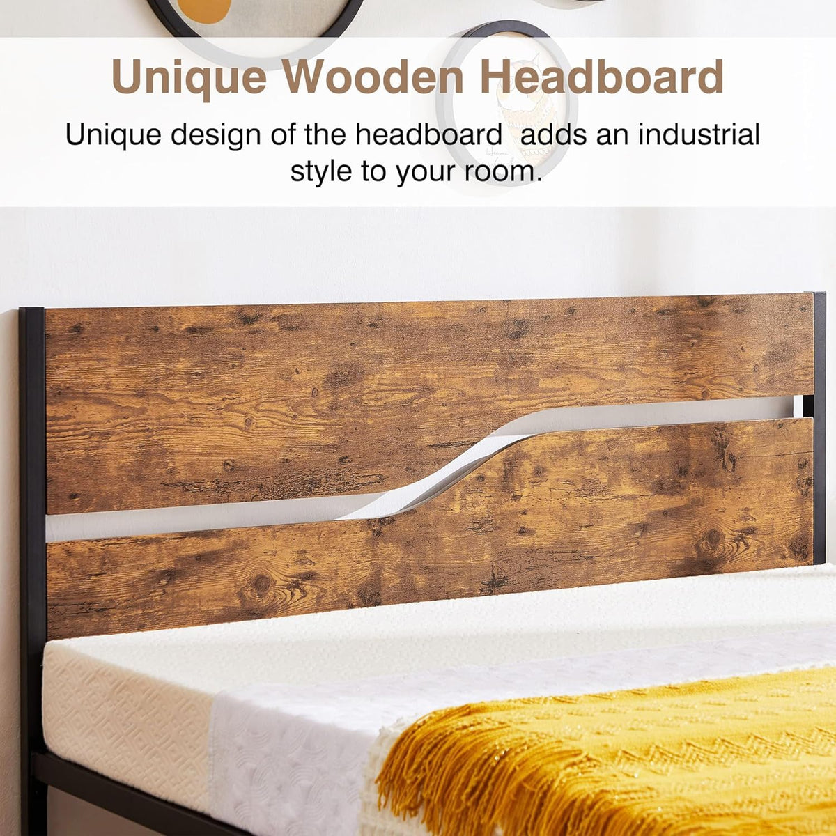 Full Size Metal Platform Bed with Wooden Headboard and Footboard X82872