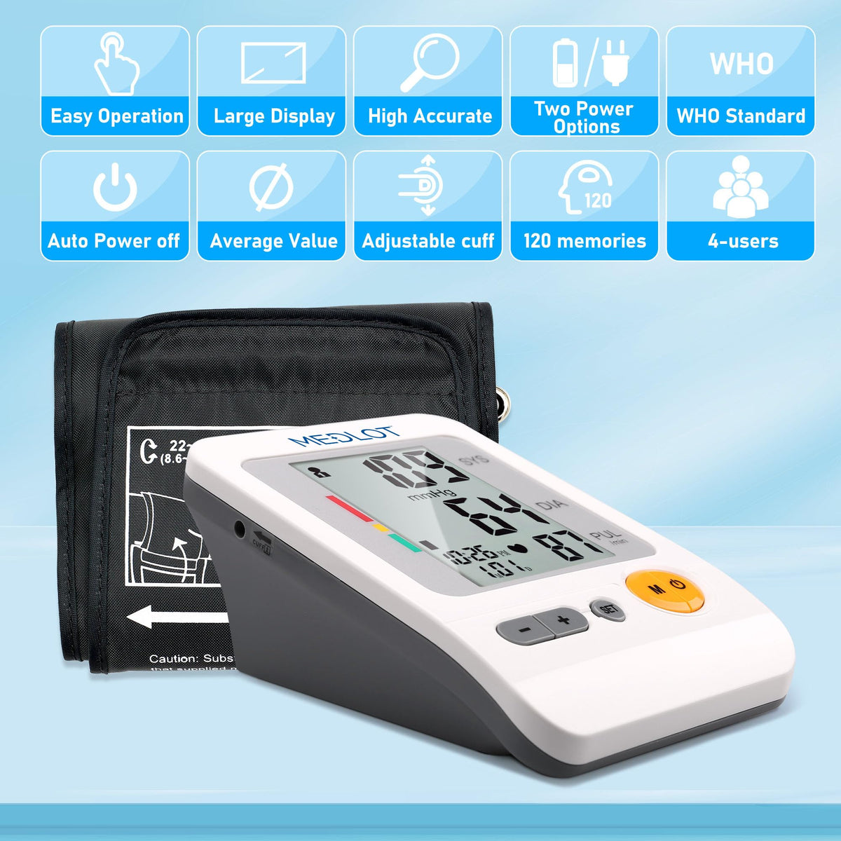 Blood Pressure Monitor Upper Arm Large Cuff 8.6-16.5” Digital BP Gauge 4 User 120 Readings Memory Large LCD Display W1242