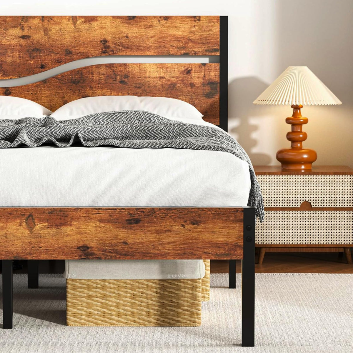 Full Size Metal Platform Bed with Wooden Headboard and Footboard X82872