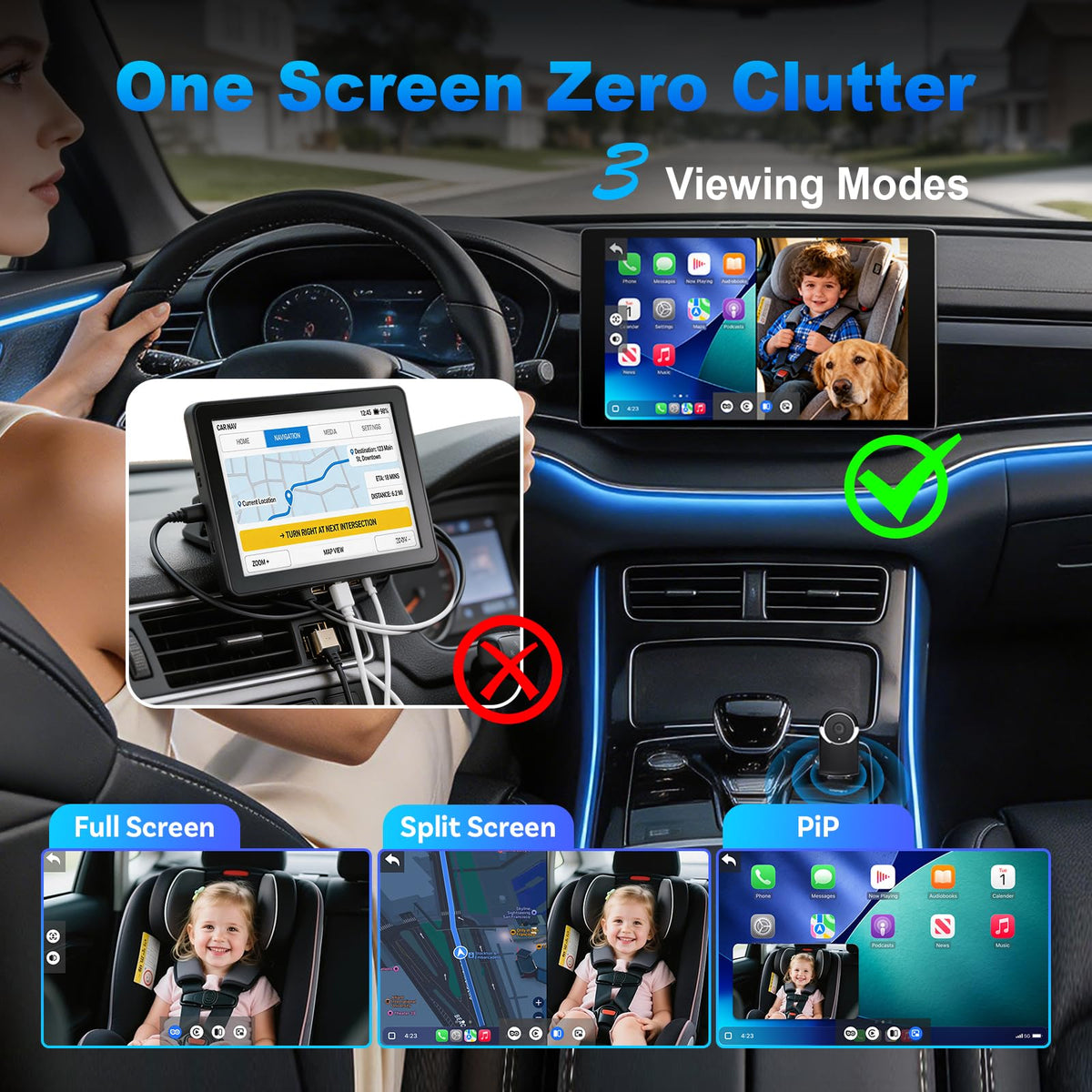 Baby Car Camera with Wireless CarPlay Adapter, 1080P HD, IR Night Vision, 150° Wide-Angle F5475
