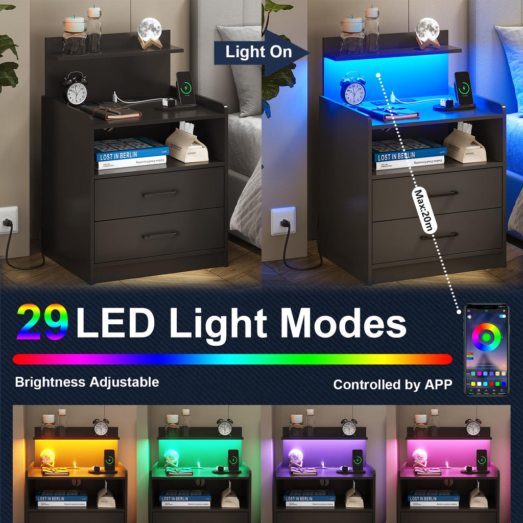 Black LED Nightstand with Charging Station and 2 Drawers G591563